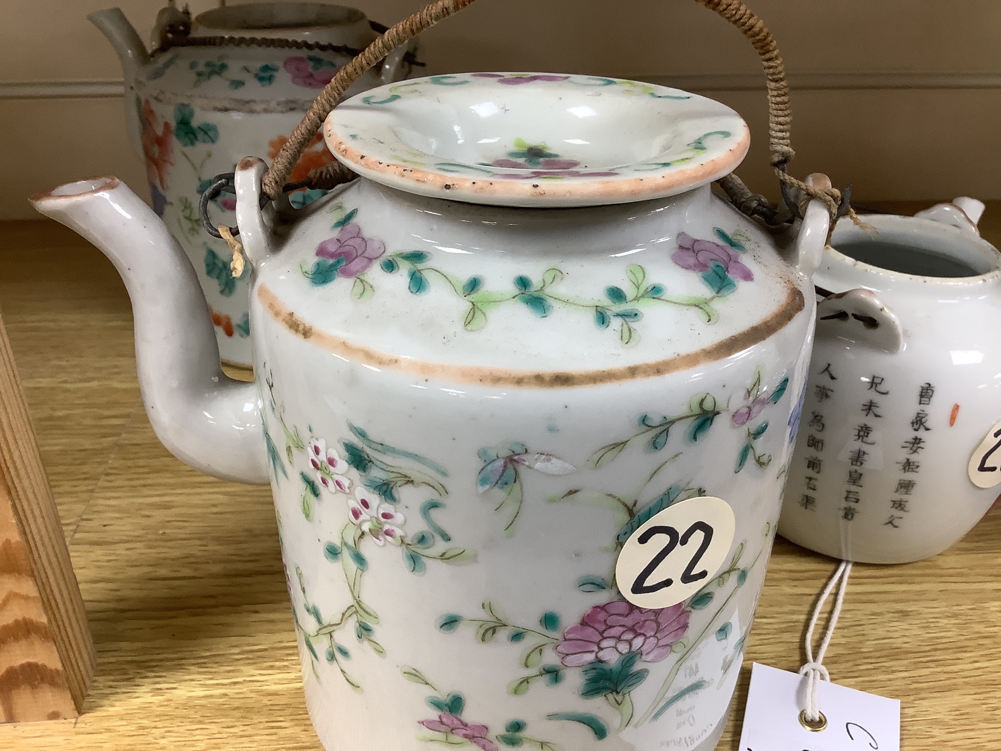 Three 19th century Chinese famille rose teapots, tallest 14cm